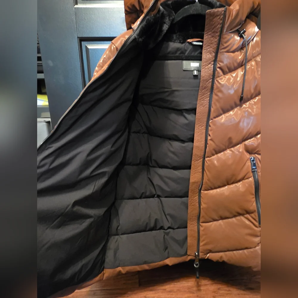 DKNY Quilted Puffer Snow Jacket in Brown Gloss with Faux Fur Hood - Picture 7 of 11
